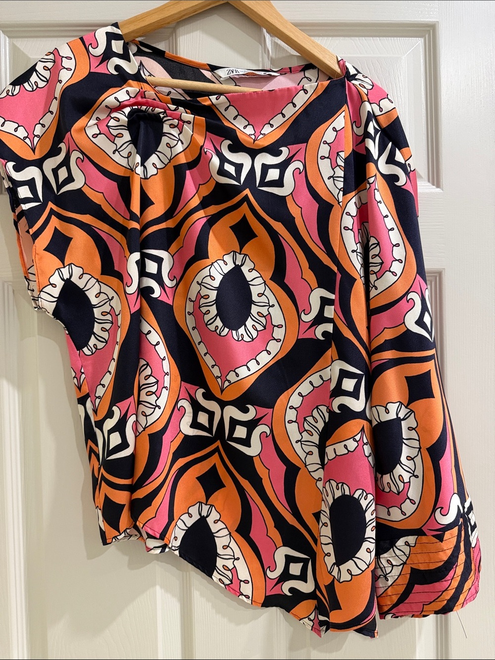 Zara One-Shoulder Printed Satin Top - Pink, Orange & Black